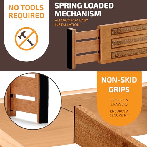 Bambüsi 6-Pack Drawer Dividers - 4 Inches High, Adjustable 11 to 17 Inches Bamboo Drawer Organizers, Large Deep Expandable Separators for Clothes, Dresser, Bedroom, Bathroom, Baby, Office, Kitchen Utensils - Image 5