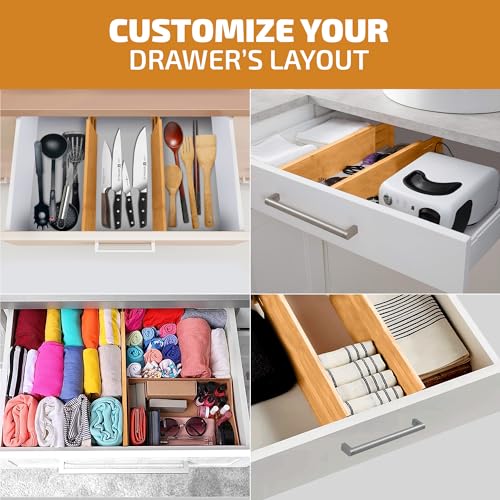 Bambüsi 6-Pack Drawer Dividers - 4 Inches High, Adjustable 11 to 17 Inches Bamboo Drawer Organizers, Large Deep Expandable Separators for Clothes, Dresser, Bedroom, Bathroom, Baby, Office, Kitchen Utensils - Image 3