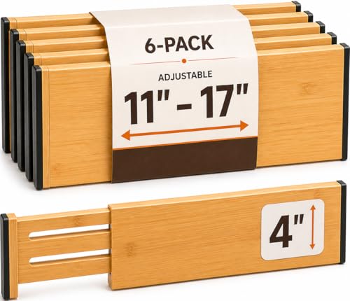 Bambüsi 6-Pack Drawer Dividers - 4 Inches High, Adjustable 11 to 17 Inches Bamboo Drawer Organizers, Large Deep Expandable Separators for Clothes, Dresser, Bedroom, Bathroom, Baby, Office, Kitchen Utensils - Image 1