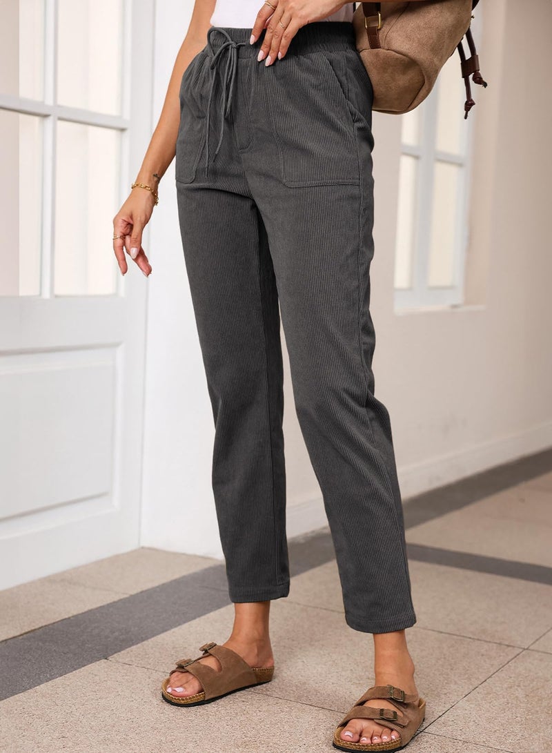 EVALESS Casual Corduroy Pants for Women Drawstring Elastic Waist Pants Spring 2026 Comfy Straight Leg Trousers with Pockets XX-Large B Gray - Image 3