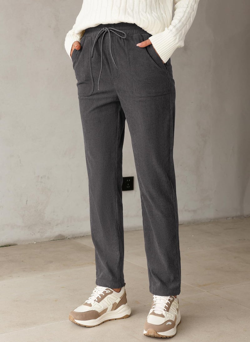 EVALESS Casual Corduroy Pants for Women Drawstring Elastic Waist Pants Spring 2026 Comfy Straight Leg Trousers with Pockets XX-Large B Gray - Image 5