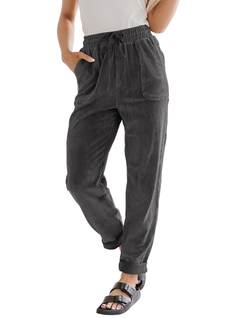 EVALESS Casual Corduroy Pants for Women Drawstring Elastic Waist Pants Spring 2026 Comfy Straight Leg Trousers with Pockets XX-Large B Gray - Image 1