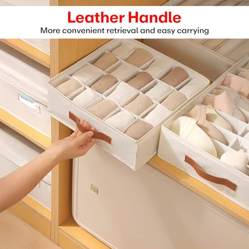 Prime Pick Storage Box Set Wardrobe Organizer Foldable Cotton Jute Storage Bin Washable with Leather Handles Clothes Organizer for undergarments, accessories Beige XL Size Pack of 3 - Image 2