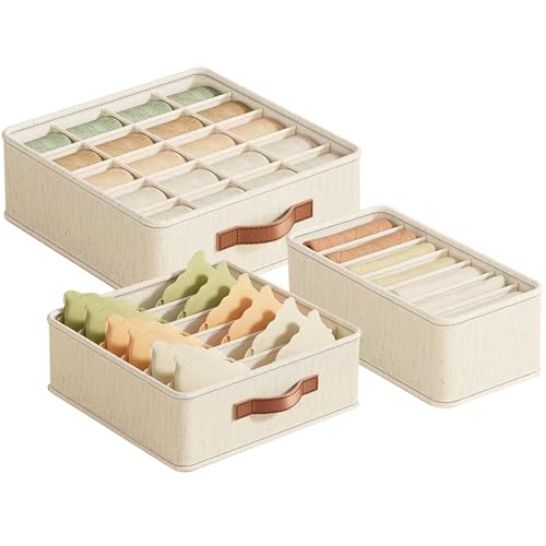 Prime Pick Storage Box Set Wardrobe Organizer Foldable Cotton Jute Storage Bin Washable with Leather Handles Clothes Organizer for undergarments, accessories Beige XL Size Pack of 3 - Image 1
