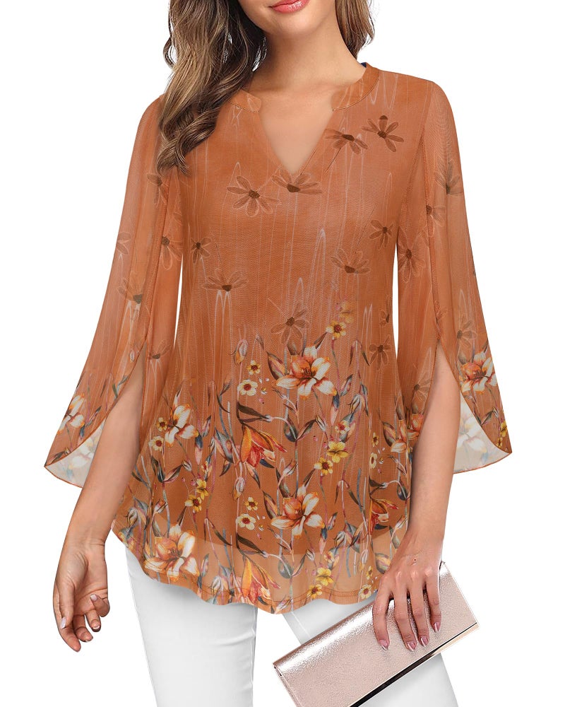 VALOLIA Business Casual Tops: 2026 Fashion - 3/4 Ruffle Sleeve Blouse - V-Neck Orange Floral Summer Fall Tunic Shirts Womens Professional Work Clothes Lady Blouses Large - Image 1