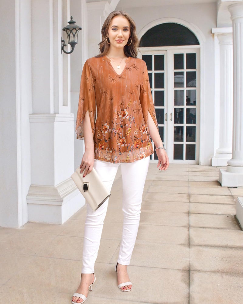VALOLIA Business Casual Tops: 2026 Fashion - 3/4 Ruffle Sleeve Blouse - V-Neck Orange Floral Summer Fall Tunic Shirts Womens Professional Work Clothes Lady Blouses Large - Image 3