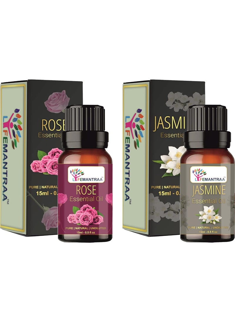 Lifemantraa Lifemantraa Pure Rose and Jasmine Essential Oil for Home Fragrance Diffuser Essential Oils Set for Room Air Freshener Aroma Oil Diffusers Soap Making Candle Making 15ml Each 30ml  - Image 1