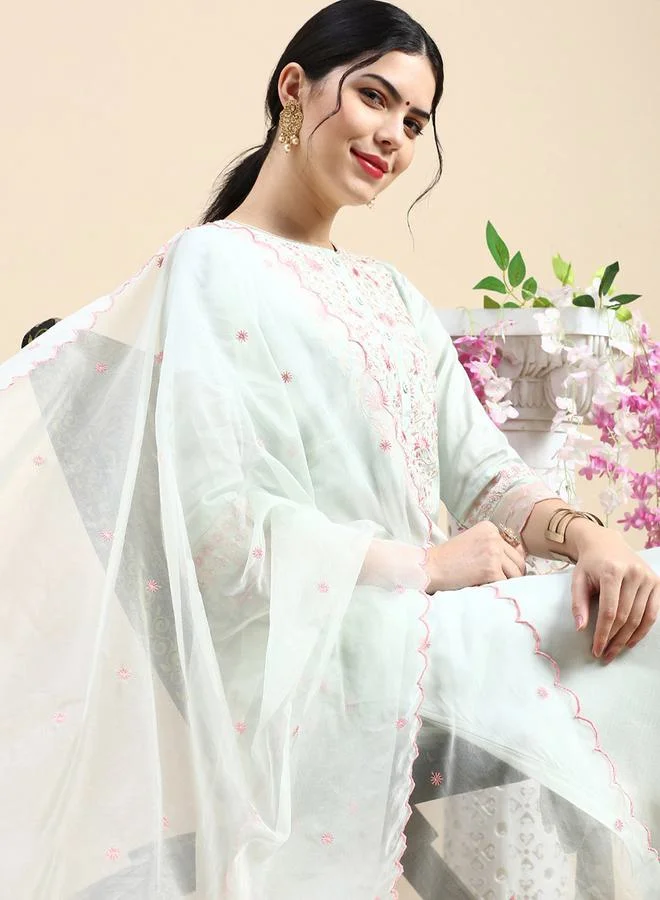 Styli All Over Embroidered Front Button Closure Kurta & Pocket Detail Pant with Dupatta Set