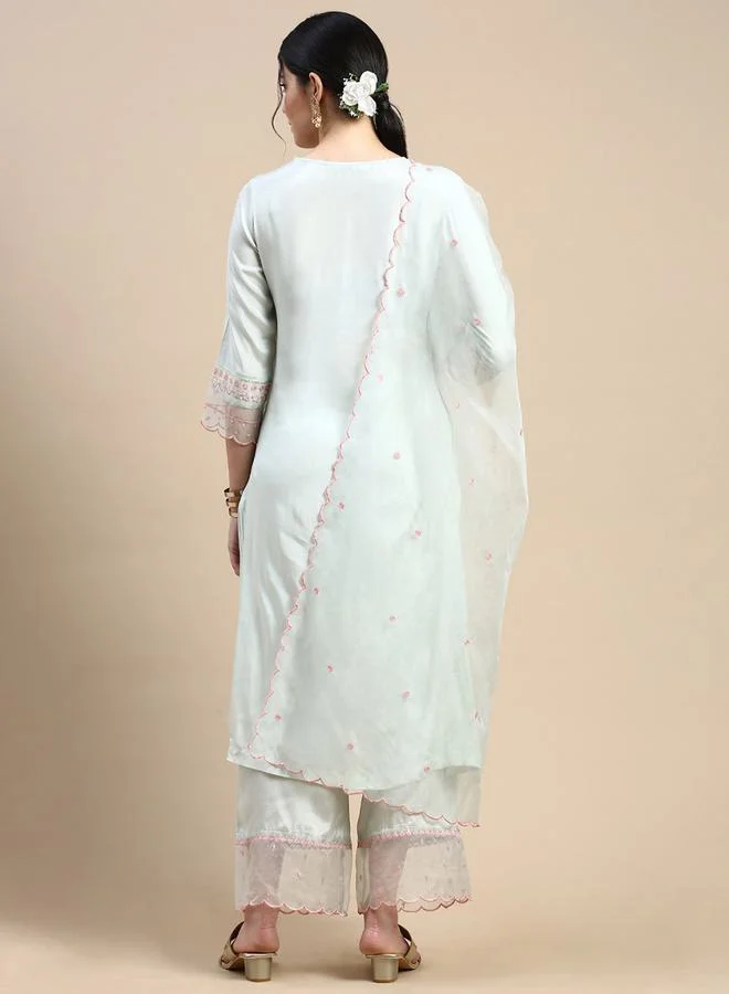Styli All Over Embroidered Front Button Closure Kurta & Pocket Detail Pant with Dupatta Set
