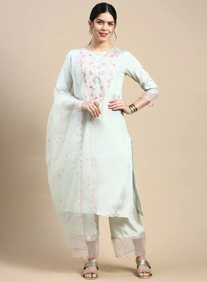 Styli All Over Embroidered Front Button Closure Kurta & Pocket Detail Pant with Dupatta Set