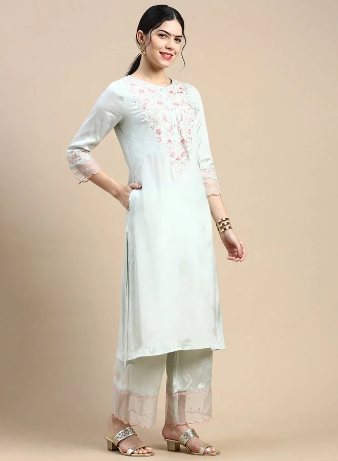 Styli All Over Embroidered Front Button Closure Kurta & Pocket Detail Pant with Dupatta Set