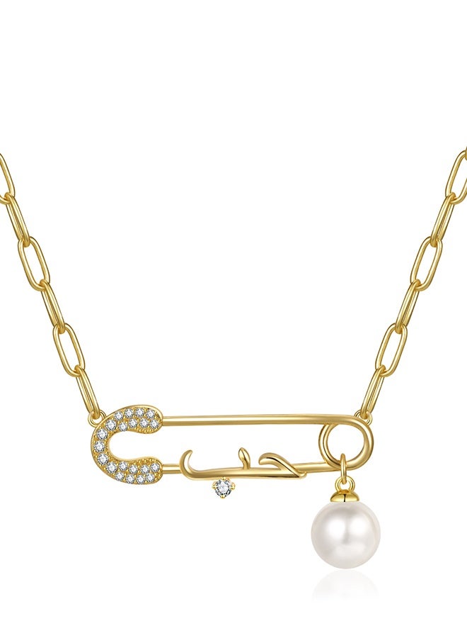 Moonmory Arabic Love Necklace 18K Gold Plated 925 Sterling Silver Safety Pin Love Necklace With 50CM Adjustable Paper Clip Chain For Women, Double Layer Gold Plating, Pearl & Clear Zircon, Ramadan, Mother’s Day, Valentine’s Day, Birthday Gift - Image 1