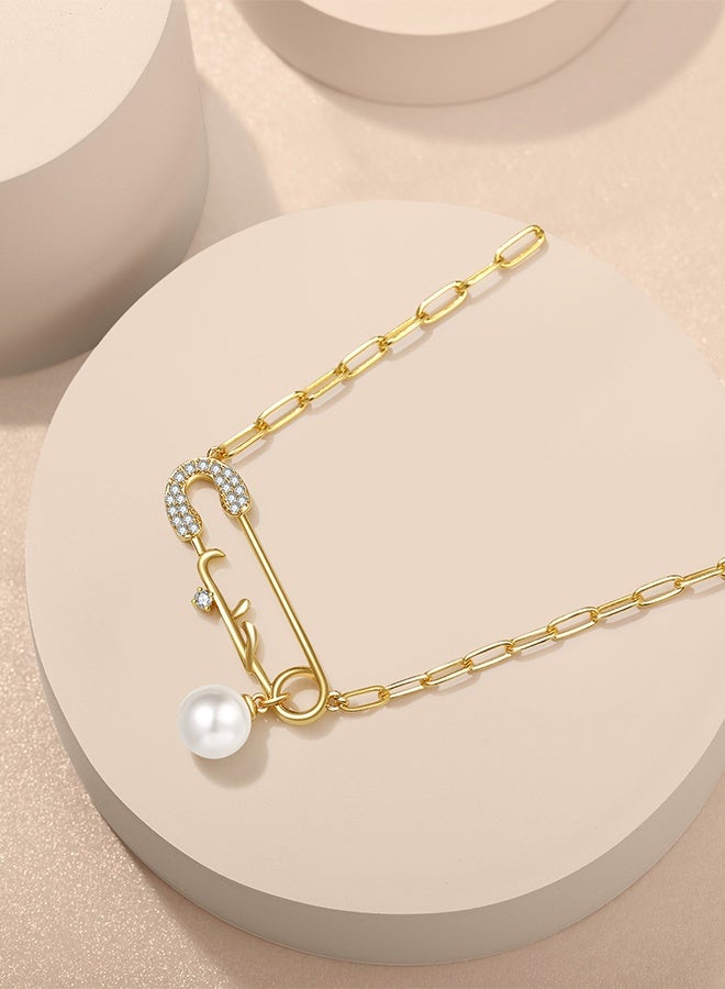 Moonmory Arabic Love Necklace 18K Gold Plated 925 Sterling Silver Safety Pin Love Necklace With 50CM Adjustable Paper Clip Chain For Women, Double Layer Gold Plating, Pearl & Clear Zircon, Ramadan, Mother’s Day, Valentine’s Day, Birthday Gift - Image 4