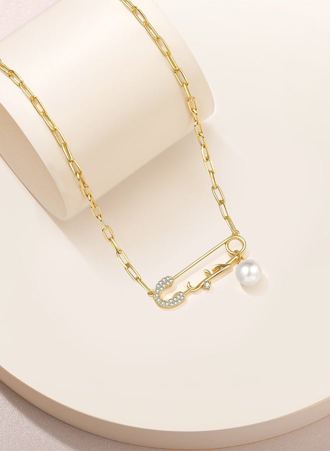 Moonmory Arabic Love Necklace 18K Gold Plated 925 Sterling Silver Safety Pin Love Necklace With 50CM Adjustable Paper Clip Chain For Women, Double Layer Gold Plating, Pearl & Clear Zircon, Ramadan, Mother’s Day, Valentine’s Day, Birthday Gift - Image 3
