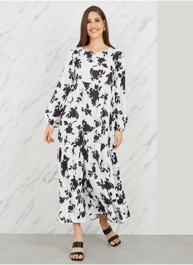 Styli - Floral Print Long Sleeves A-Line Maxi Dress - Image 1