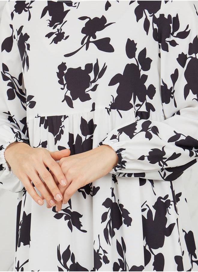 Styli - Floral Print Long Sleeves A-Line Maxi Dress - Image 1