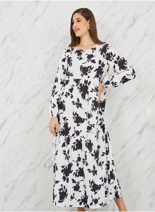 Styli - Floral Print Long Sleeves A-Line Maxi Dress - Image 1