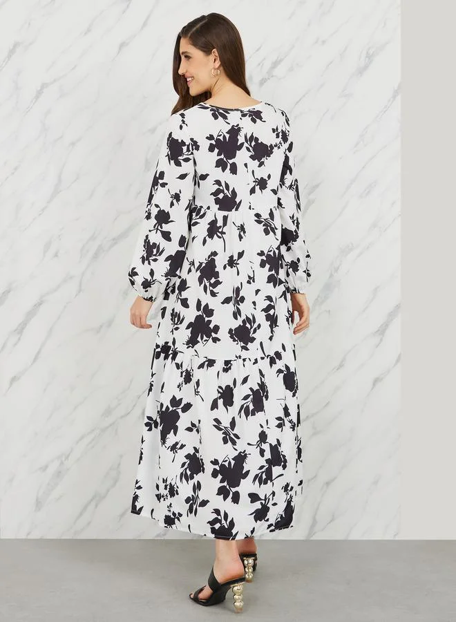 Styli Floral Print Long Sleeves A-Line Maxi Dress