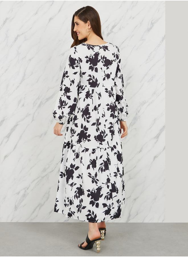 Styli - Floral Print Long Sleeves A-Line Maxi Dress - Image 1
