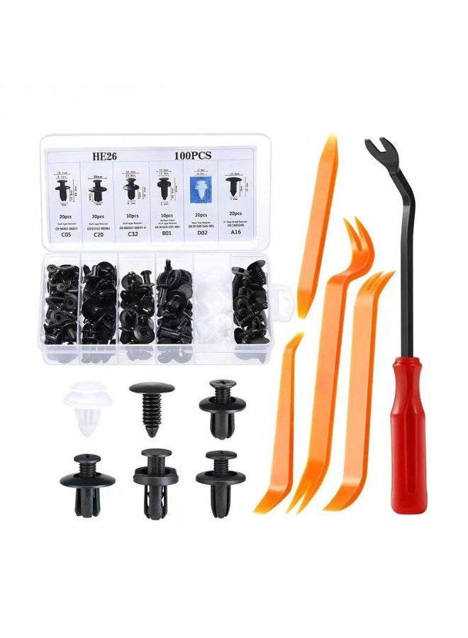 علبة تحتوي على 100 قطعة من مشابك تثبيت بلاستيكية للسيارة – أداة لإصلاح هيكل السيارة، طراز عالمي يناسب معظم السيارات، تتضمن أدوات مساعدة. - Image 1