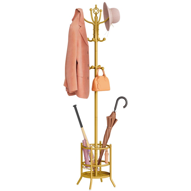 Tajsoon Coat Tree with Umbrella Holder, Coat Rack Freestanding, Coat Hangers Stand with 16 Hooks, Standing Coat Rack for Living Room, Bedroom, Office, Gold - Image 1