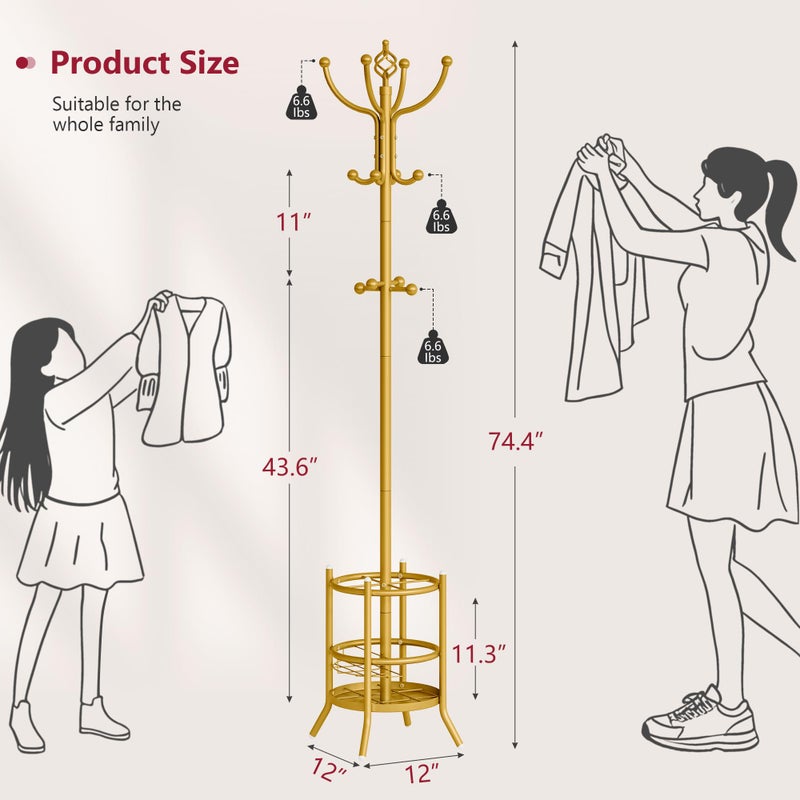 Tajsoon Coat Tree with Umbrella Holder, Coat Rack Freestanding, Coat Hangers Stand with 16 Hooks, Standing Coat Rack for Living Room, Bedroom, Office, Gold - Image 2