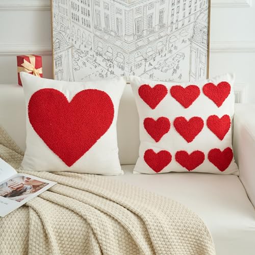 HOMFREEST Valentines Day Red Heart Pillow Covers 18x18 Inch Hearts Embroidered Decorative Throw Pillows Farmhouse Valentine Outdoor Cushion Cases for Sofa Couch Home Set of 2 - Image 1