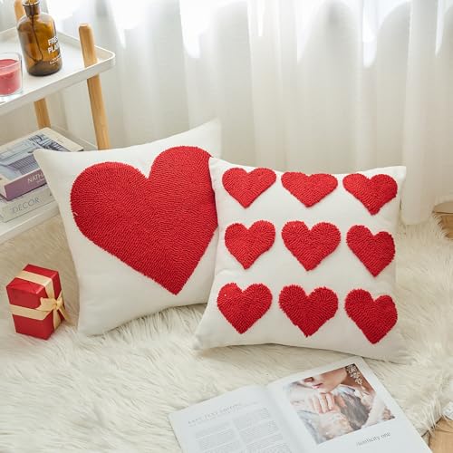 HOMFREEST Valentines Day Red Heart Pillow Covers 18x18 Inch Hearts Embroidered Decorative Throw Pillows Farmhouse Valentine Outdoor Cushion Cases for Sofa Couch Home Set of 2 - Image 3