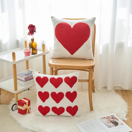 HOMFREEST Valentines Day Red Heart Pillow Covers 18x18 Inch Hearts Embroidered Decorative Throw Pillows Farmhouse Valentine Outdoor Cushion Cases for Sofa Couch Home Set of 2 - Image 2