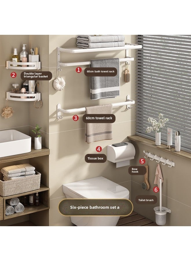 Towel Rack Toilet Punch-free Bathroom Storage Rack Suit Wall-mounted Toilet Bath Towel Storage Rack Folding Double Rod-Specification:Double Folding Towel Rack Six-piece Set A1—cream White✦  - Image 1