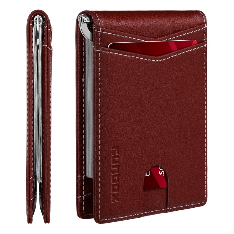 RUNBOX Slim Money Clip Wallets for Men RFID Blocking 8 Card Holder Minimalist Small Thin Carbon Leather Bifold Mens Front Pocket Wallet Gift Box(Vermilion) - Image 1