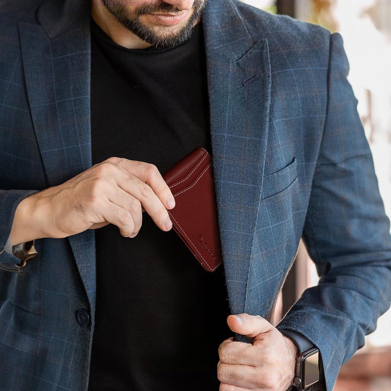 RUNBOX Slim Money Clip Wallets for Men RFID Blocking 8 Card Holder Minimalist Small Thin Carbon Leather Bifold Mens Front Pocket Wallet Gift Box(Vermilion) - Image 2