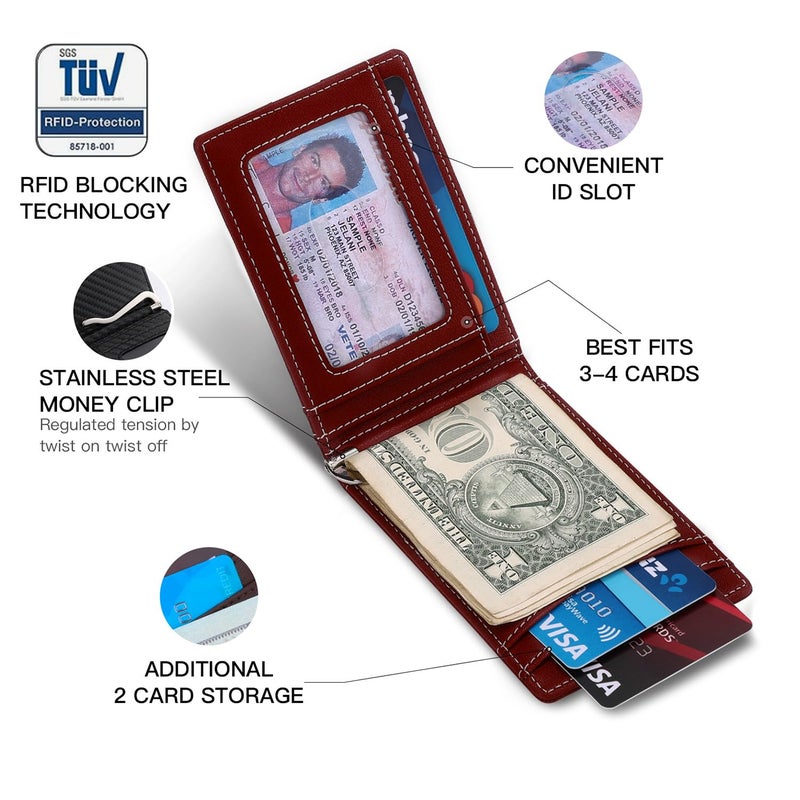 RUNBOX Slim Money Clip Wallets for Men RFID Blocking 8 Card Holder Minimalist Small Thin Carbon Leather Bifold Mens Front Pocket Wallet Gift Box(Vermilion) - Image 3