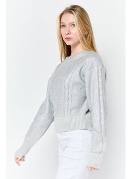 ESPRIT Women Round Neck Textured Long Sleeves Sweater, Silver  - Image 3