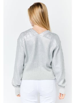 ESPRIT Women Round Neck Textured Long Sleeves Sweater, Silver  - Image 4