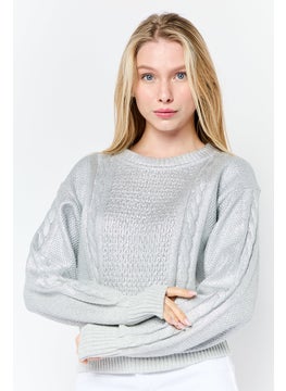 ESPRIT Women Round Neck Textured Long Sleeves Sweater, Silver  - Image 1