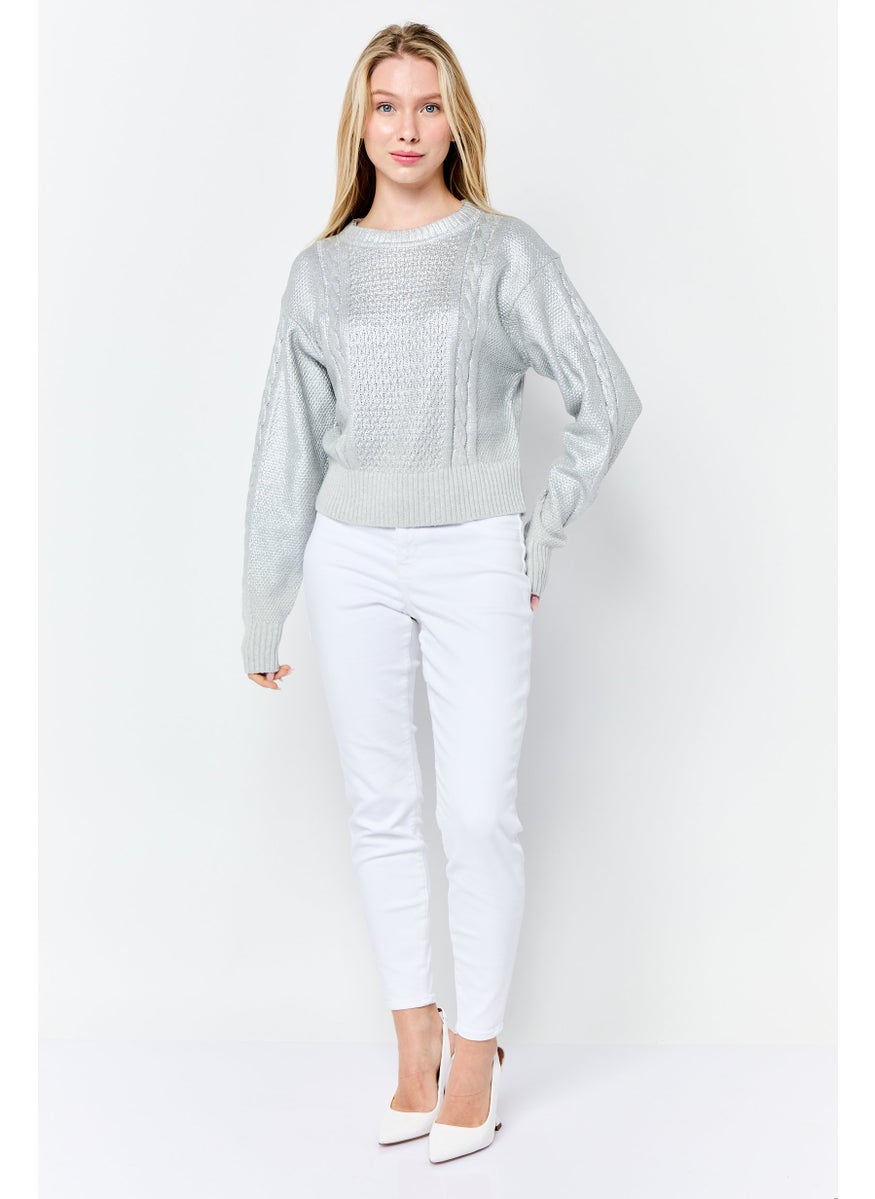 ESPRIT Women Round Neck Textured Long Sleeves Sweater, Silver  - Image 2
