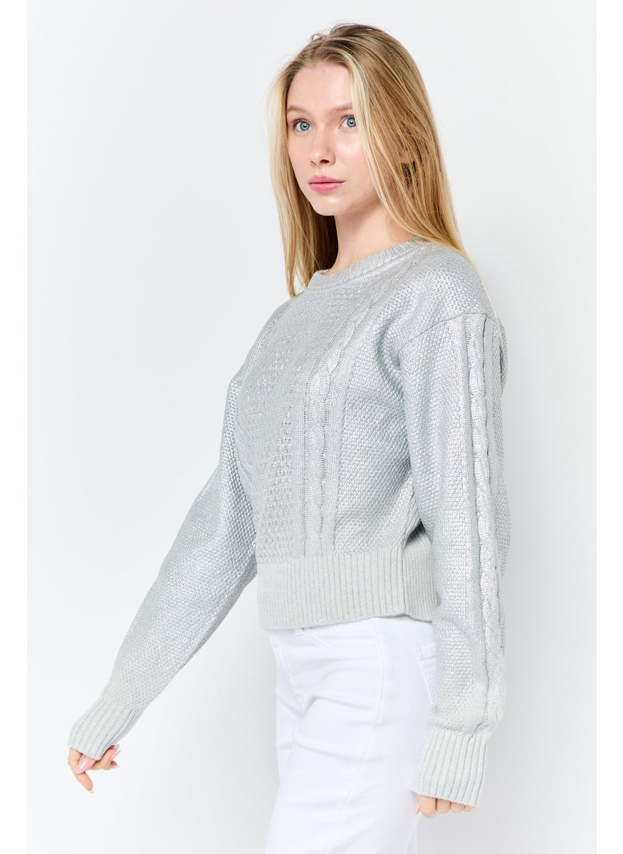 ESPRIT Women Round Neck Textured Long Sleeves Sweater, Silver  - Image 3