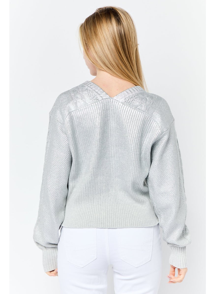 ESPRIT Women Round Neck Textured Long Sleeves Sweater, Silver  - Image 4