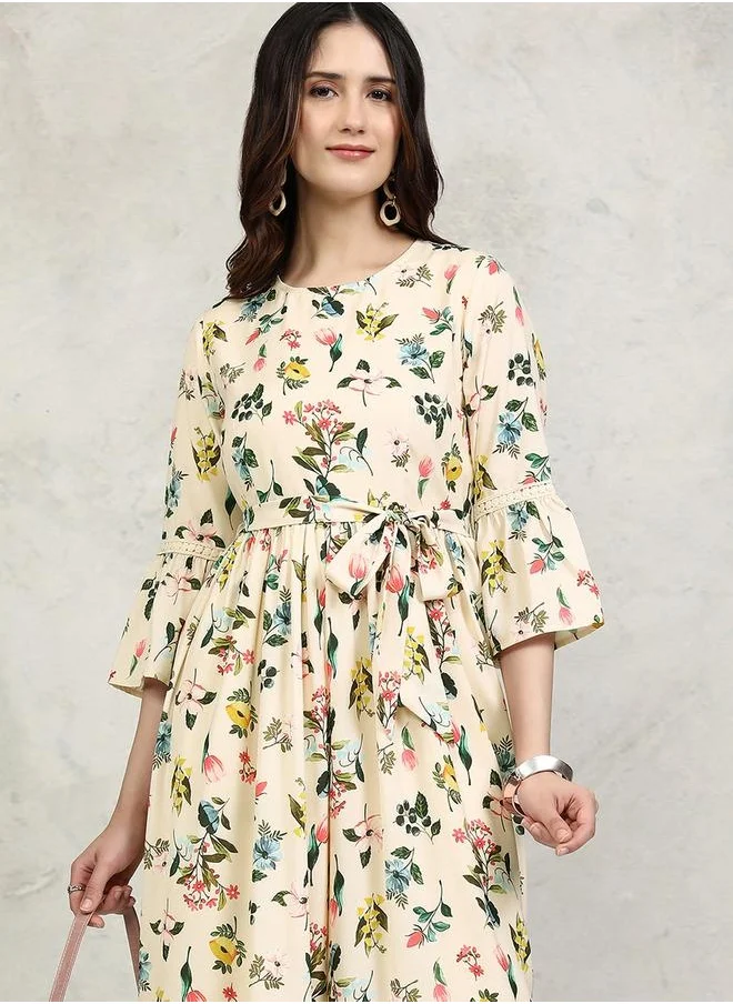 فيشود All-Over Floral Print Straight Leg Jumpsuit with Tie-Up Belt