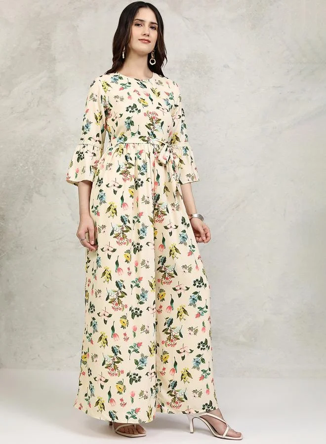Vishudh Vishudh All-Over Floral Print Straight Leg Jumpsuit with Tie-Up Belt