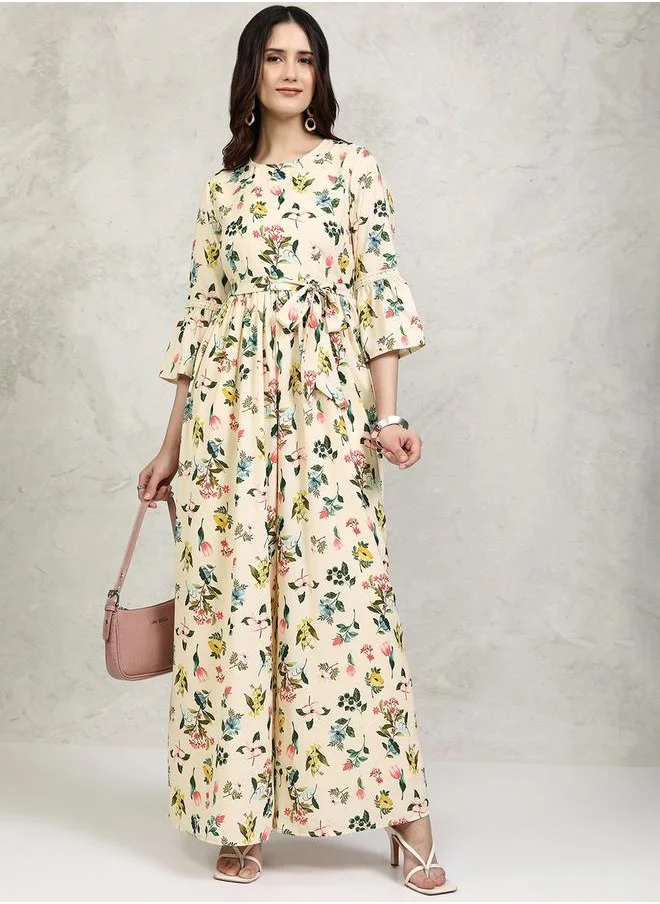 فيشود All-Over Floral Print Straight Leg Jumpsuit with Tie-Up Belt