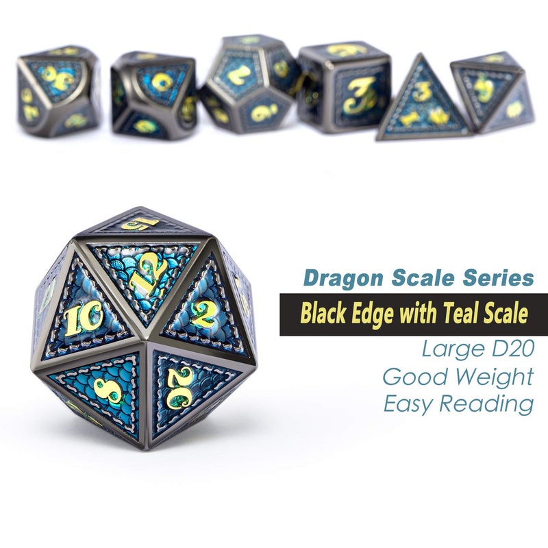 DNDND Metal Dice, 7 PCS Dragon Scale Metallic DND Die with Gift Metal Case for Dungeons & Dragons D&D (Teal with Black Edge) - Image 3
