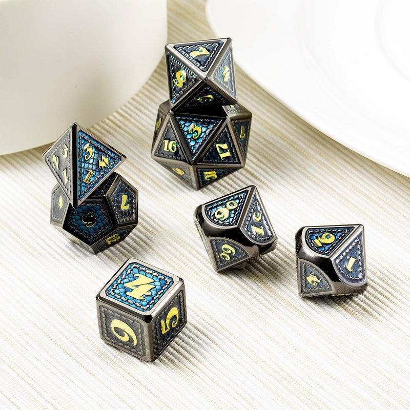 DNDND Metal Dice, 7 PCS Dragon Scale Metallic DND Die with Gift Metal Case for Dungeons & Dragons D&D (Teal with Black Edge) - Image 2