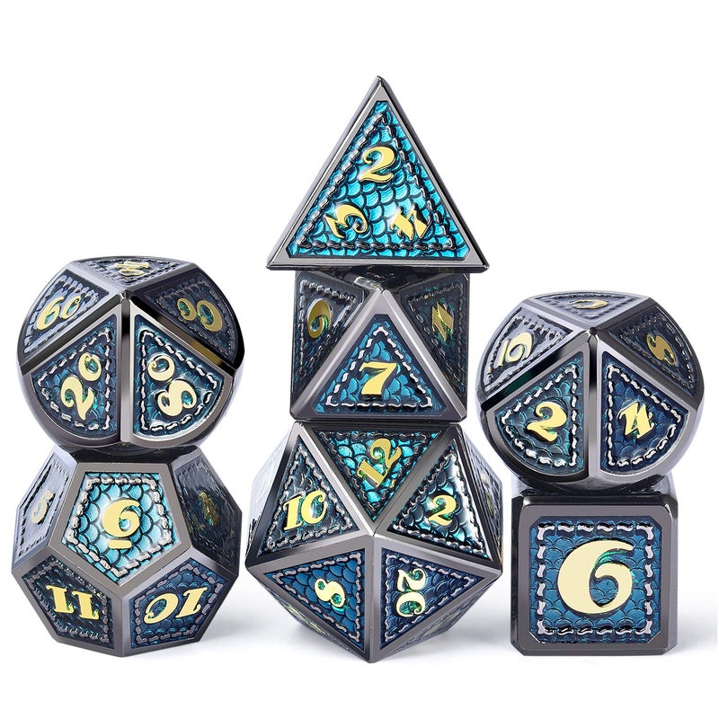 DNDND Metal Dice, 7 PCS Dragon Scale Metallic DND Die with Gift Metal Case for Dungeons & Dragons D&D (Teal with Black Edge) - Image 1