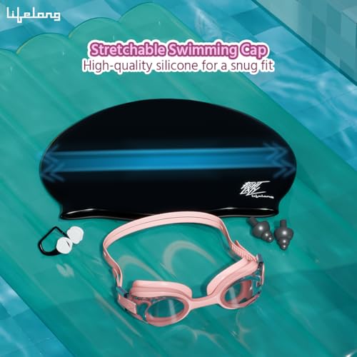 Lifelong Swimming Combo Kit for Kids 5+ Years- Swimming Goggles,Swim Cap with Earplug, NoseClip & - Easy Fit Swimming Accessories - Waterproof Swimming Cap -Anti-Fog Glasses(Pink) - Image 5