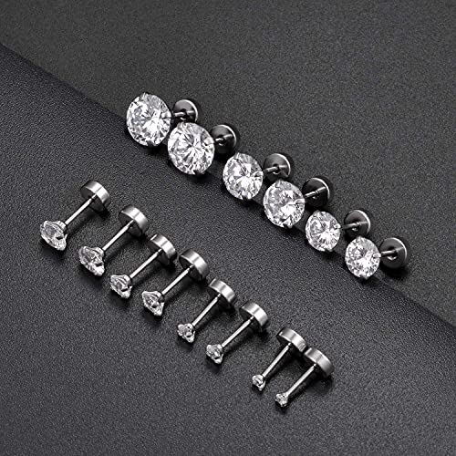 Tornito 7 Pairs 20G Stainless Steel Stud Earrings Round Cubic Zirconia Barbell Earring Set For Men Women 2MM-8MM Silver Tone - Image 5