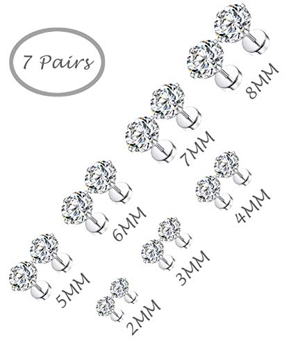 Tornito 7 Pairs 20G Stainless Steel Stud Earrings Round Cubic Zirconia Barbell Earring Set For Men Women 2MM-8MM Silver Tone - Image 3