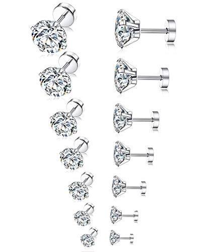 Tornito 7 Pairs 20G Stainless Steel Stud Earrings Round Cubic Zirconia Barbell Earring Set For Men Women 2MM-8MM Silver Tone - Image 1