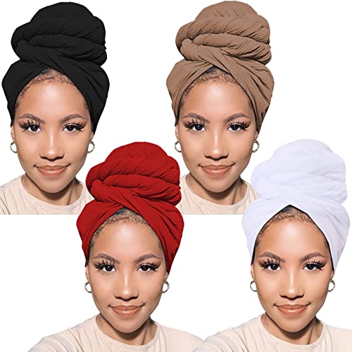 PWEOUKE 4 Packs Stretch Turban Knit Head Wrap Scarf Soft African Headwraps for Women Solid Color Urban Long Breathable Head Band Tie - Image 1